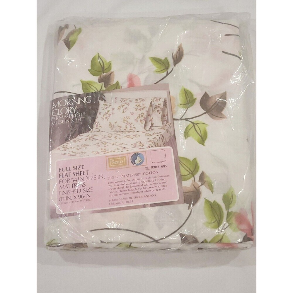 Vintage SEARS Morning Glory Full Flat Perma-Prest Muslin Floral NOS New